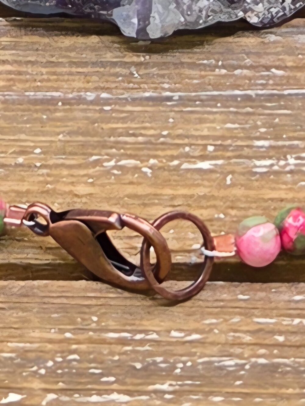 Pink and Green Rain Flower Jade and Copper Beaded Necklace with Goddess Pendant - Picture 4 of 6